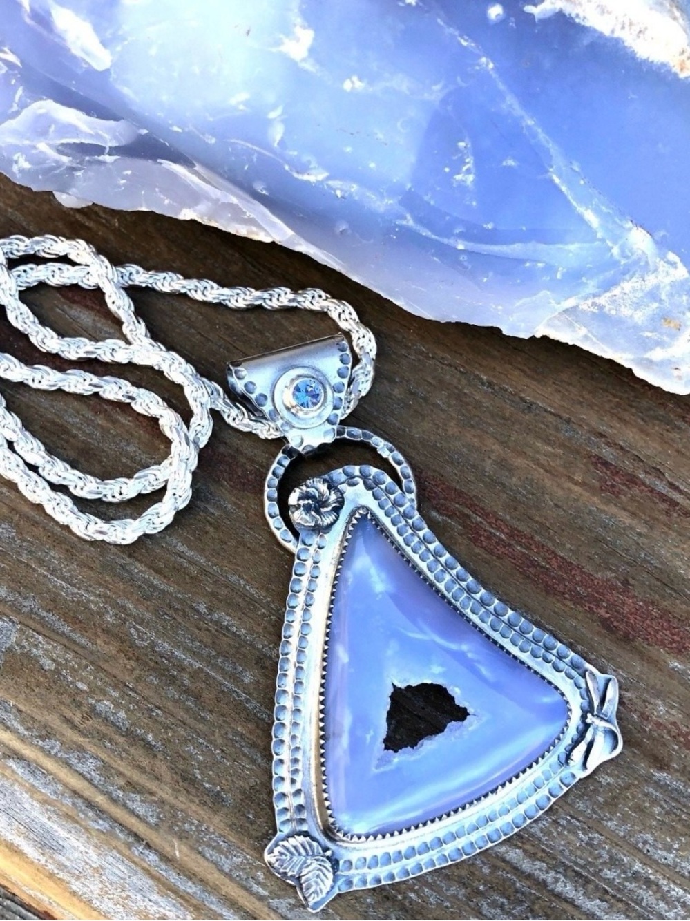 Blue Chalcedony in Argentium silver w/Sterling silver chain by Quail Hill Design